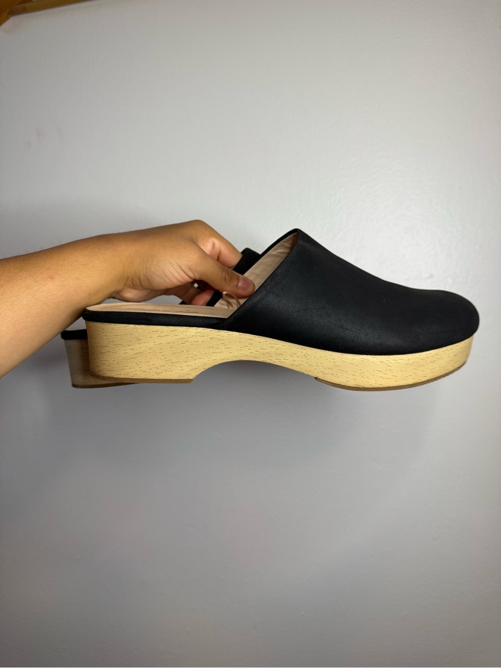 Aerie Black Faux Suede Open Back Wooden Sole Clog Mule